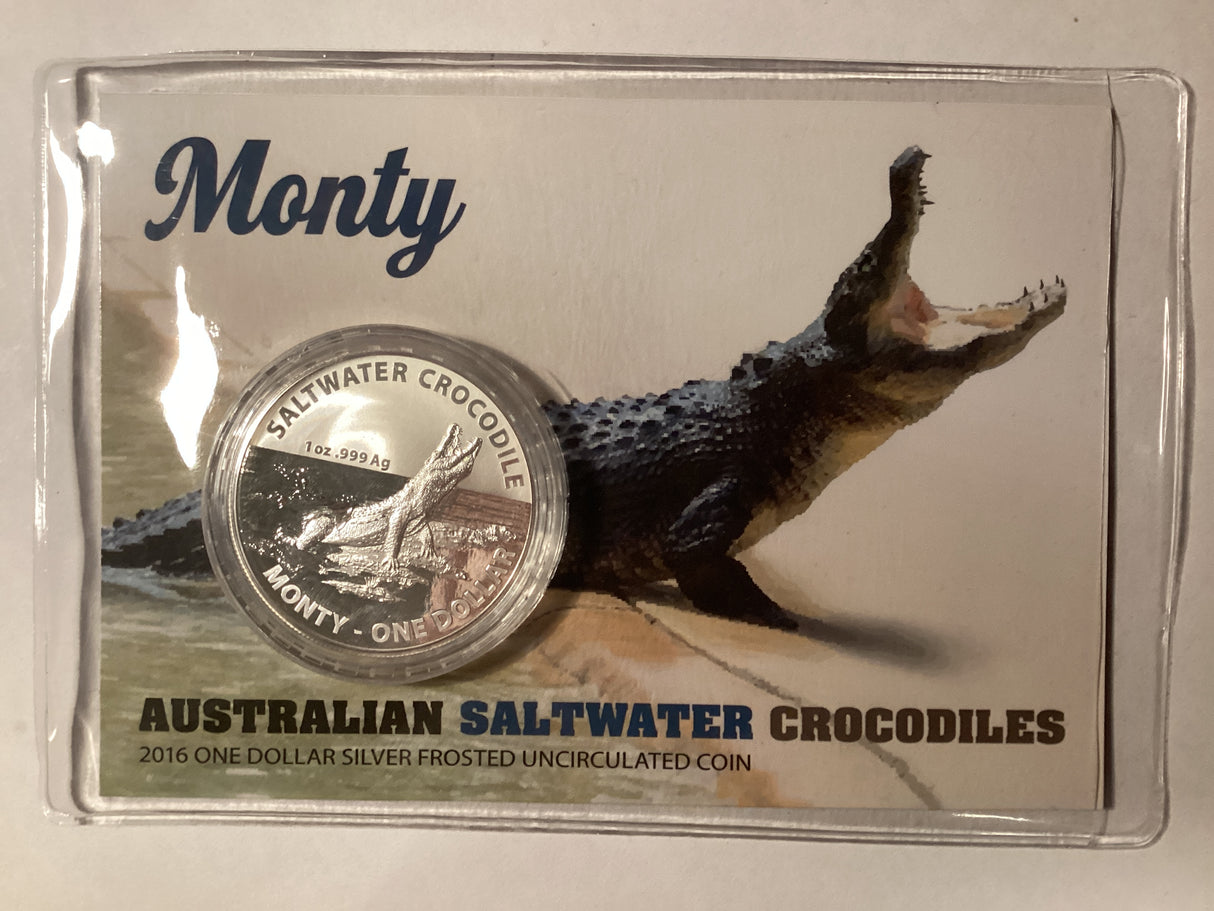 2016 $1 Silver Frosted Uncirculated Coin. Australian Saltwater Crocodiles. Monty.