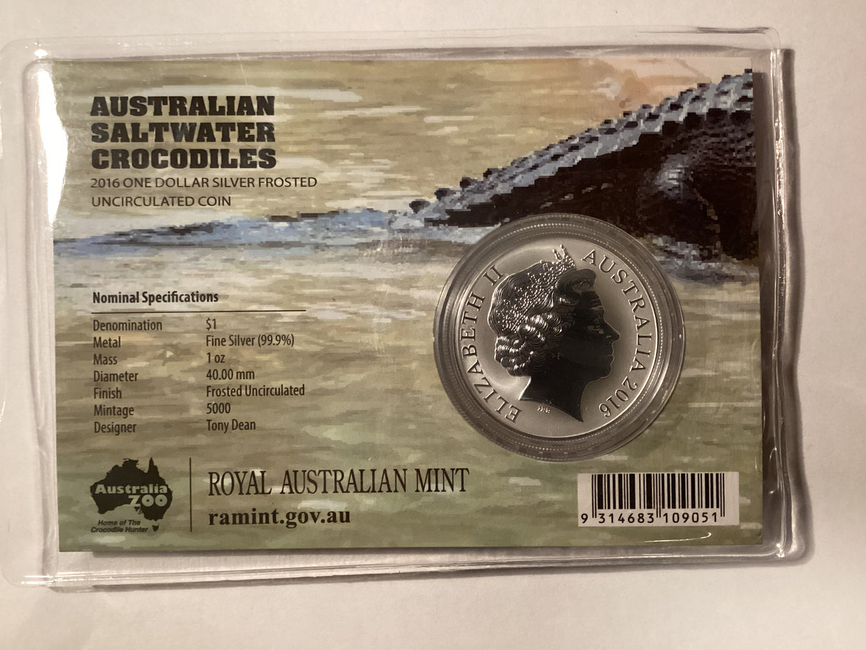 2016 $1 Silver Frosted Uncirculated Coin. Australian Saltwater Crocodiles. Monty.