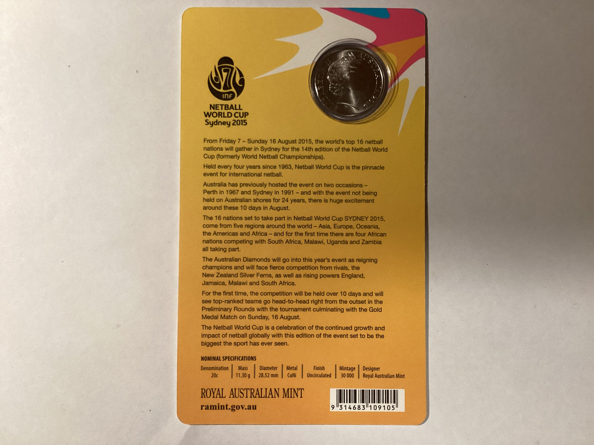 2015 20c Carded Uncirculated Coin. Netball World Cup. Sydney.