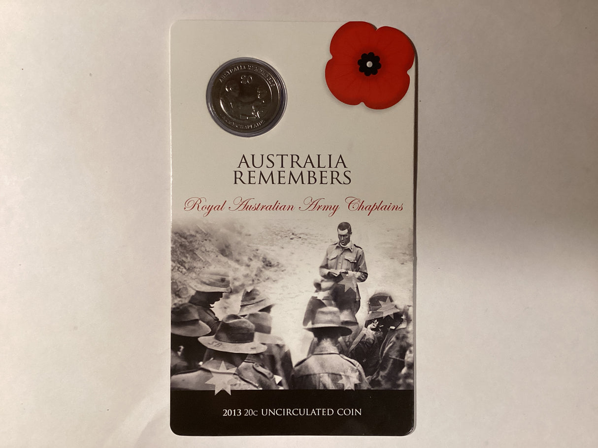 2013 20c Uncirculated Carded Coin. Australia Remembers. Royal Australian Army Chaplains.
