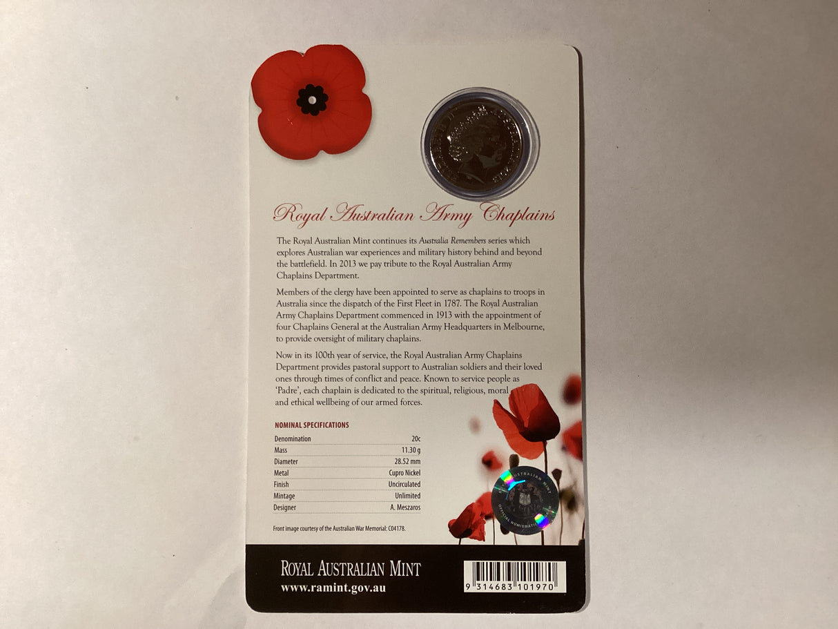 2013 20c Uncirculated Carded Coin. Australia Remembers. Royal Australian Army Chaplains.