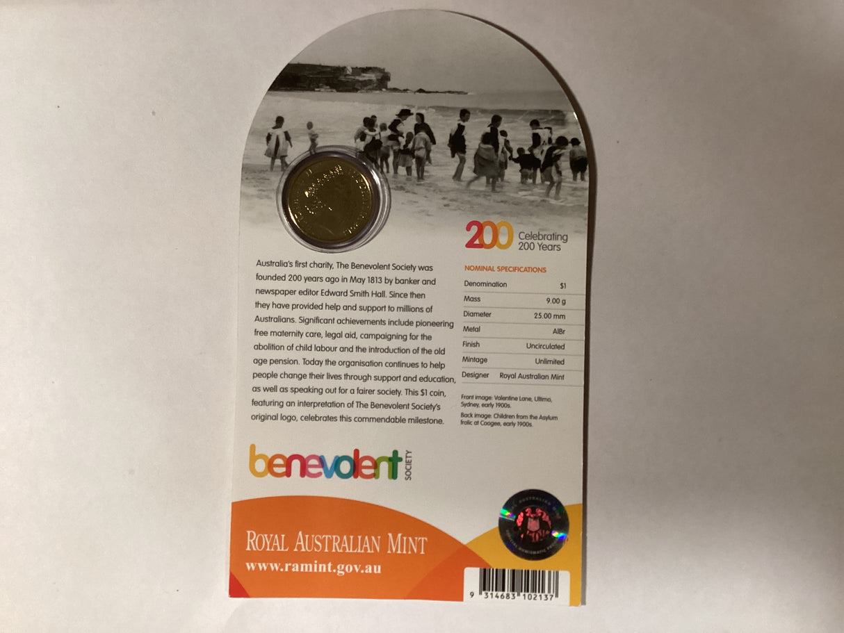2013 $1 Uncirculated Carded Coin. 200 Years of Benevolent Society.
