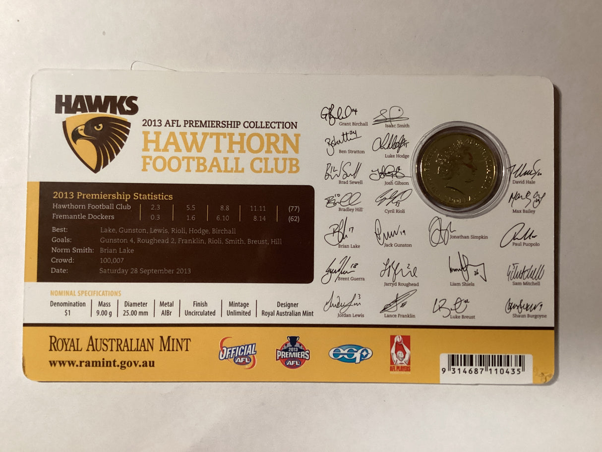 2013 $1 Uncirculated Carded Coin. AFL Premiership. Hawthorn Hawks.