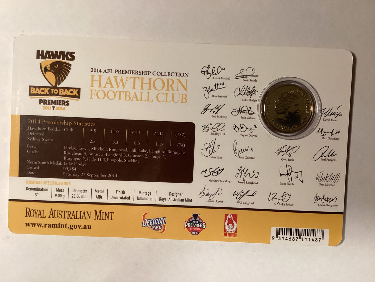 2014 $1 Uncirculated Carded Coin. AFL Premiership. Hawthorn Hawks.
