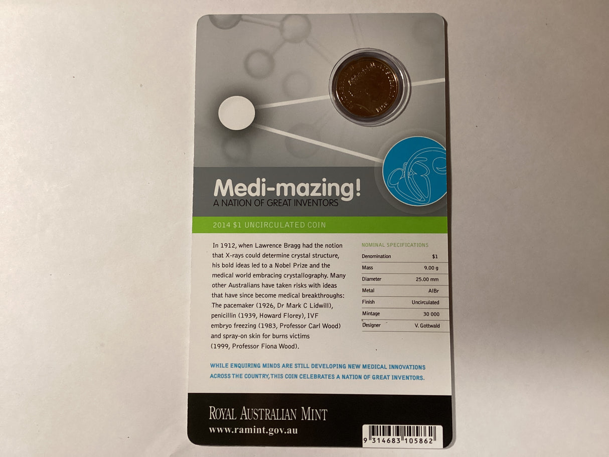 2014 $1 Uncirculated Cared Coin. Medi-mazing! A Nation of Great Inventors.