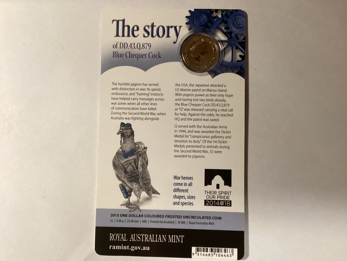 2015 $1 Uncirculated Carded Coins. Unlikely Heroes. Great and Small. Blue Chequer Cock.
