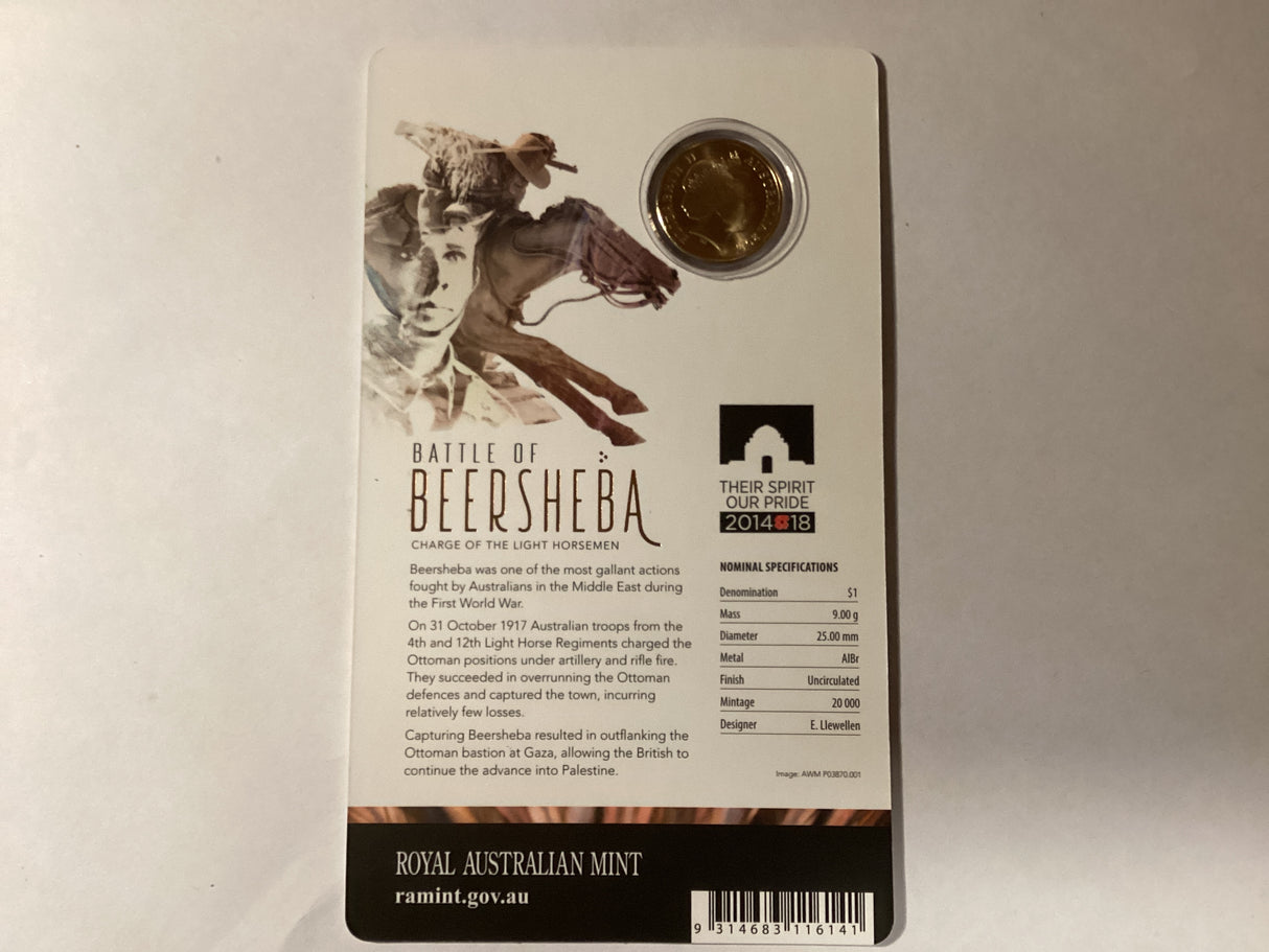 2017 $1 Uncirculated Carded Coin. Battle of Beersheba. Charge of the Light Horsemen.