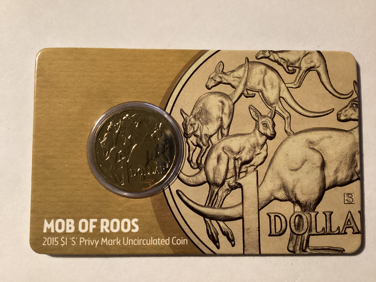 2015 $1 Mob of Roos Carded Coin. Anda Release. ‘S’ Privy Mark