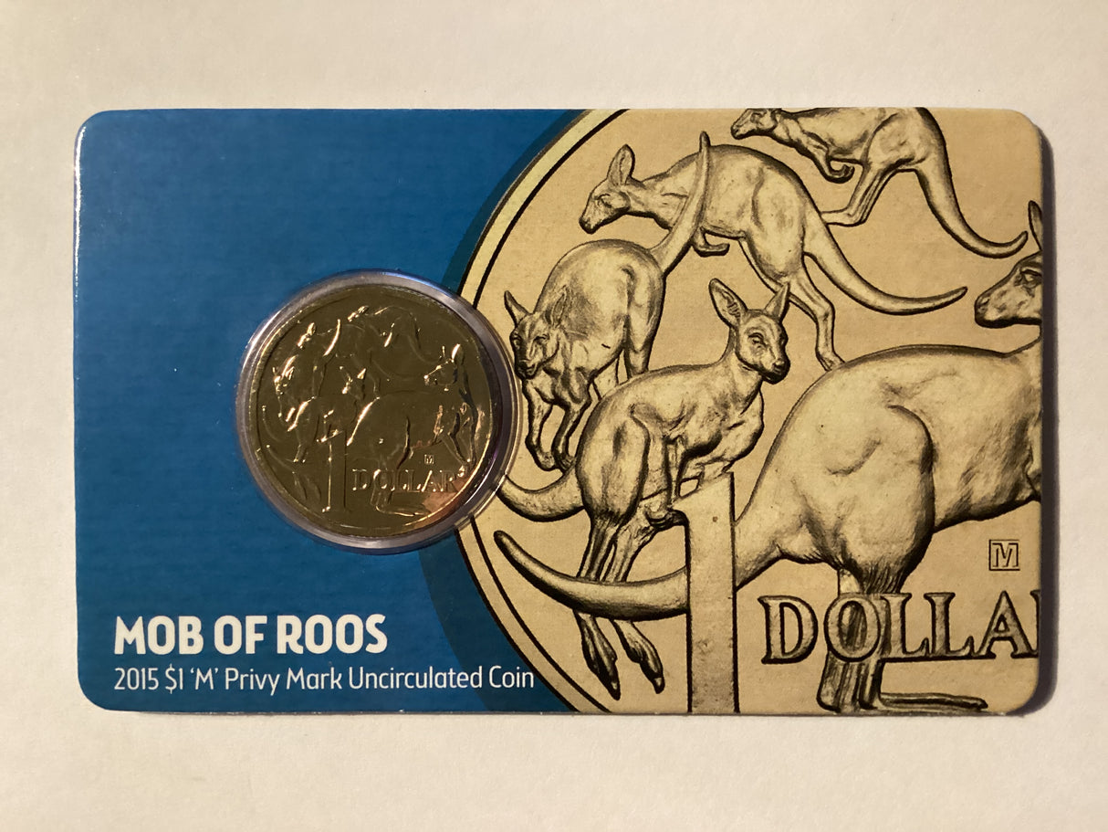 2015 $1 Mob of Roos Carded Coin. Anda Release. ‘M’ Mintmark