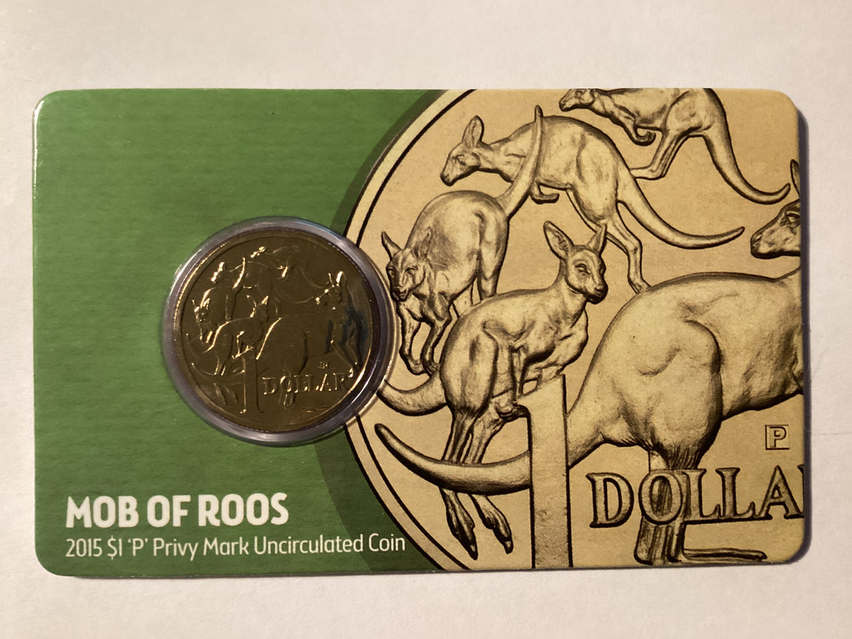 2015 $1 Mob of Roos Carded Coin. Anda Release. ‘P’ Mintmark