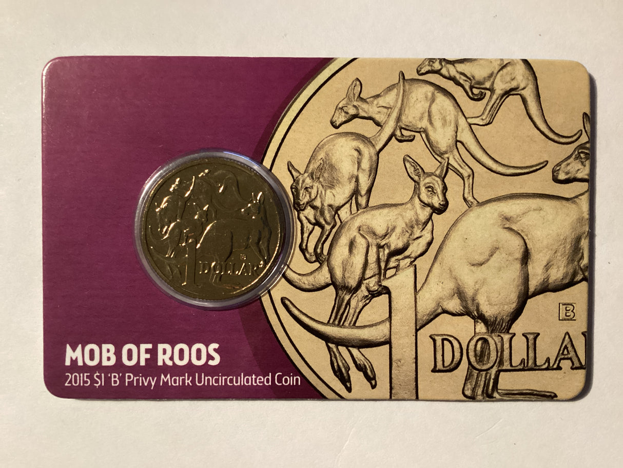 2015 $1 Mob of Roos Carded Coin. Anda Release. ‘B’ Mintmark