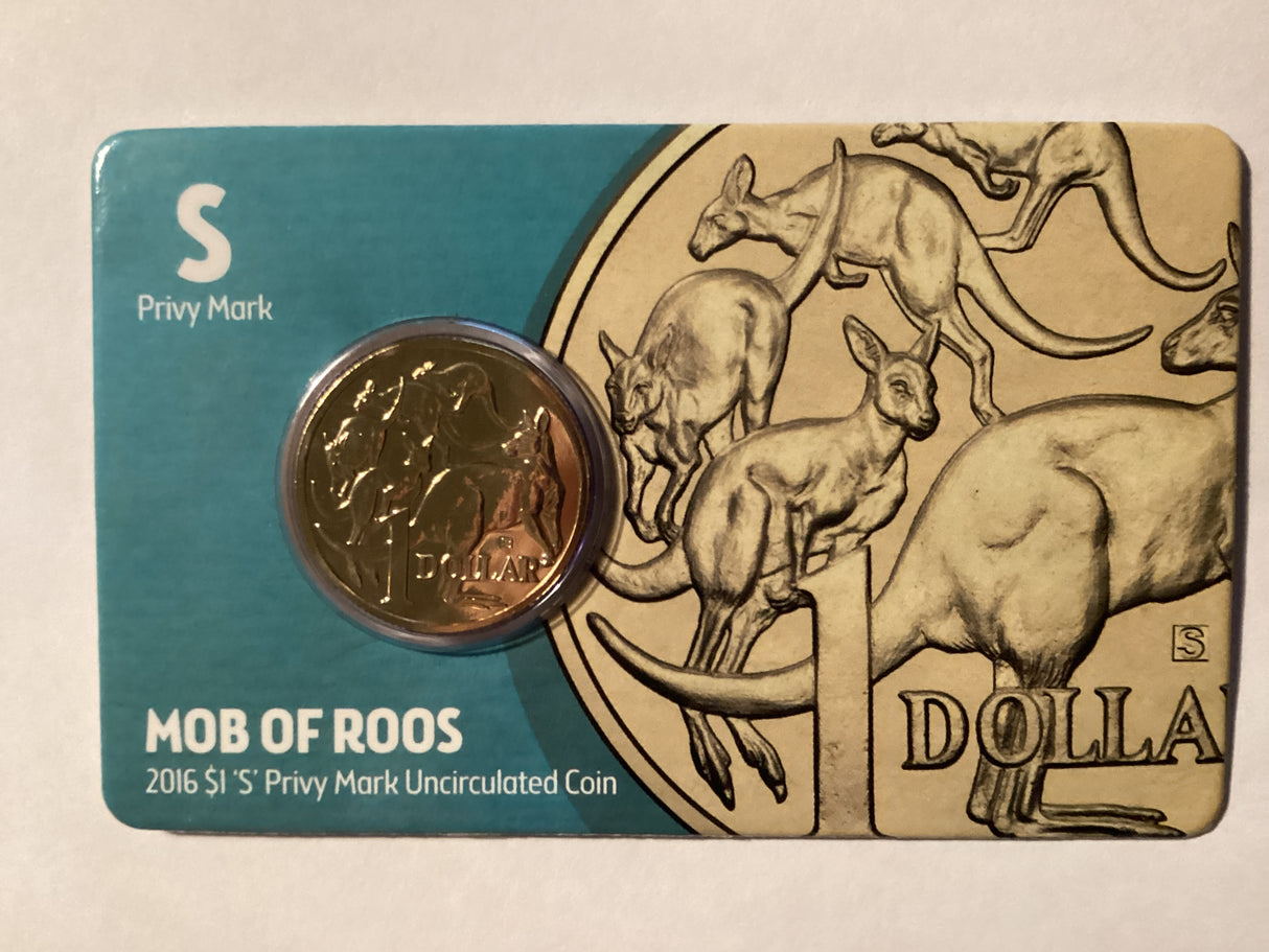 2016 $1 Mob of Roos Carded Coin. Anda Release. ‘S’ Mintmark
