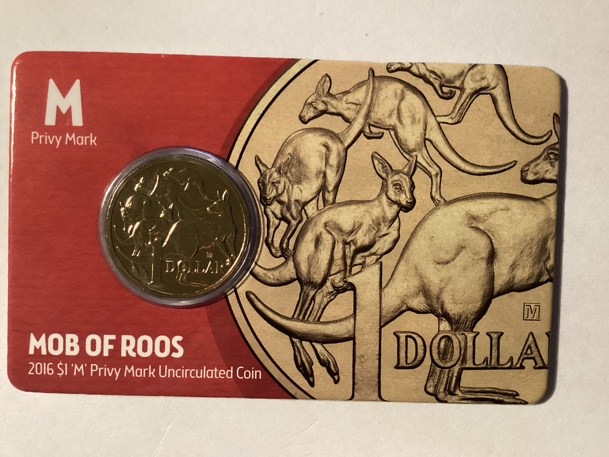 2016 $1 Mob of Roos Carded Coin. Anda Release. ‘M’ Mintmark