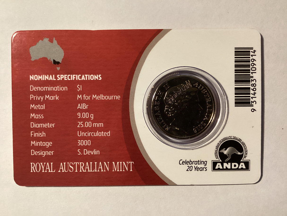2016 $1 Mob of Roos Carded Coin. Anda Release. ‘M’ Mintmark