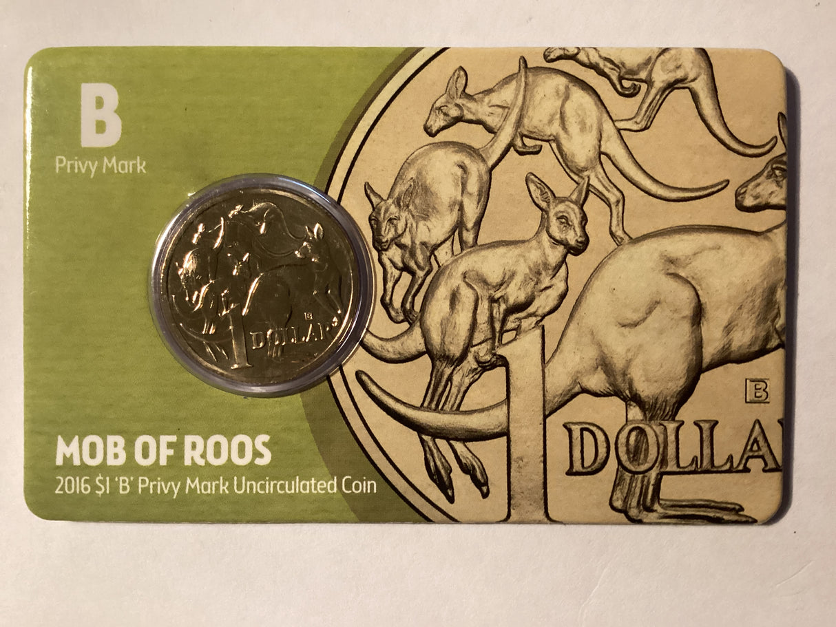 2016 $1 Mob of Roos Carded Coin. Anda Release. ‘B’ Mintmark