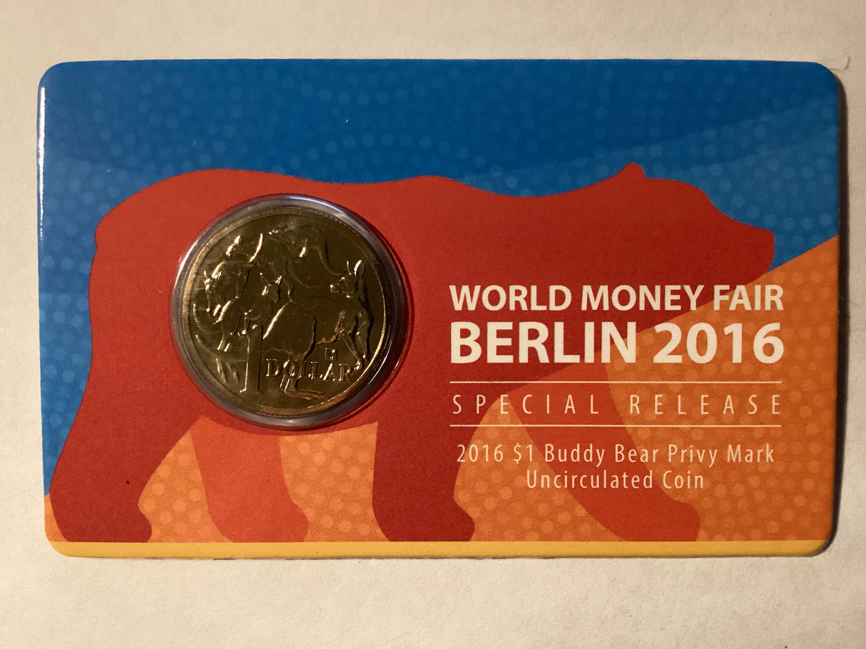 2016 $1 Mob of Roos Carded Coin. World Money Fair Special Release. Buddy Bear Privy Mark.