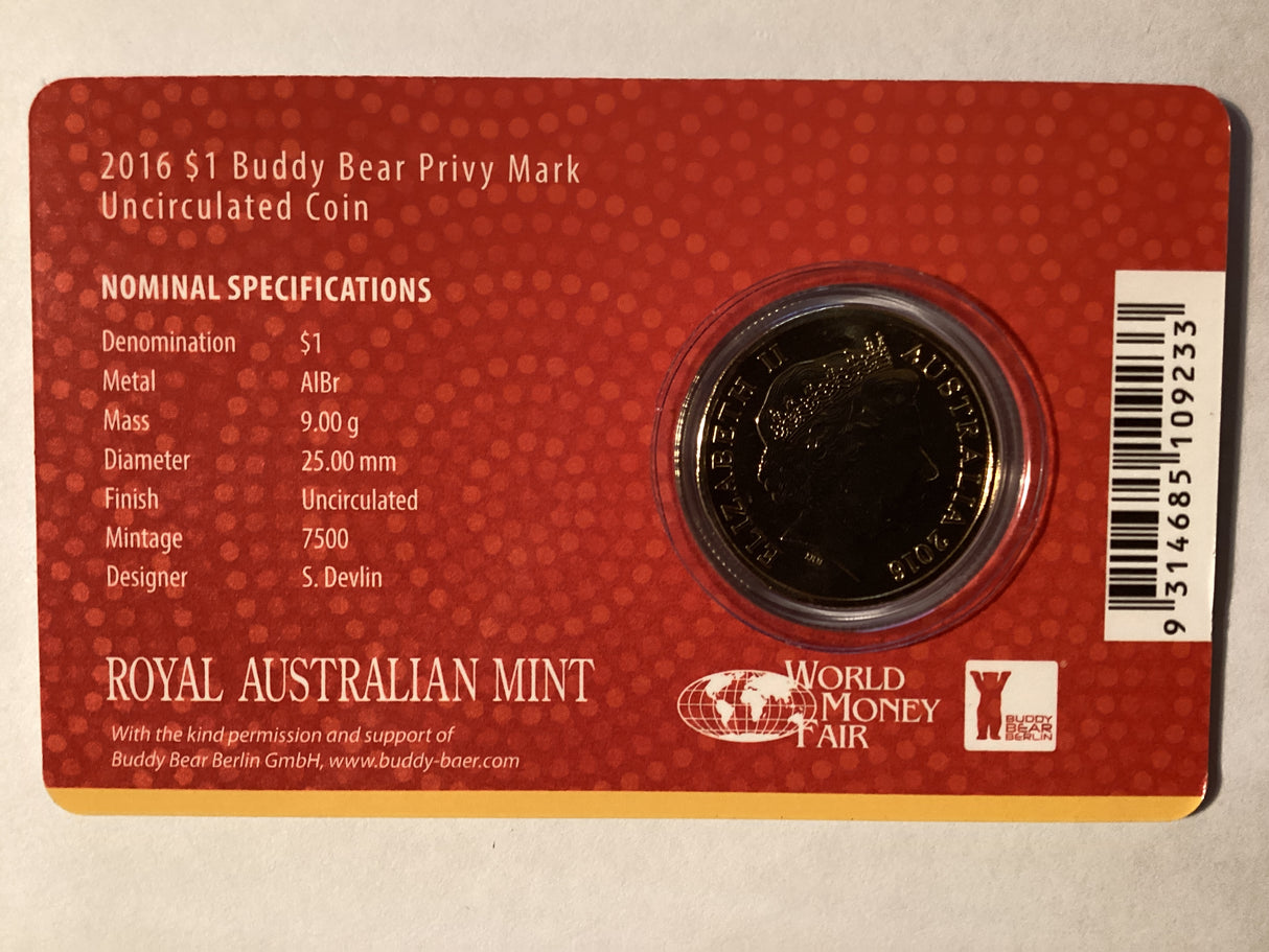2016 $1 Mob of Roos Carded Coin. World Money Fair Special Release. Buddy Bear Privy Mark.