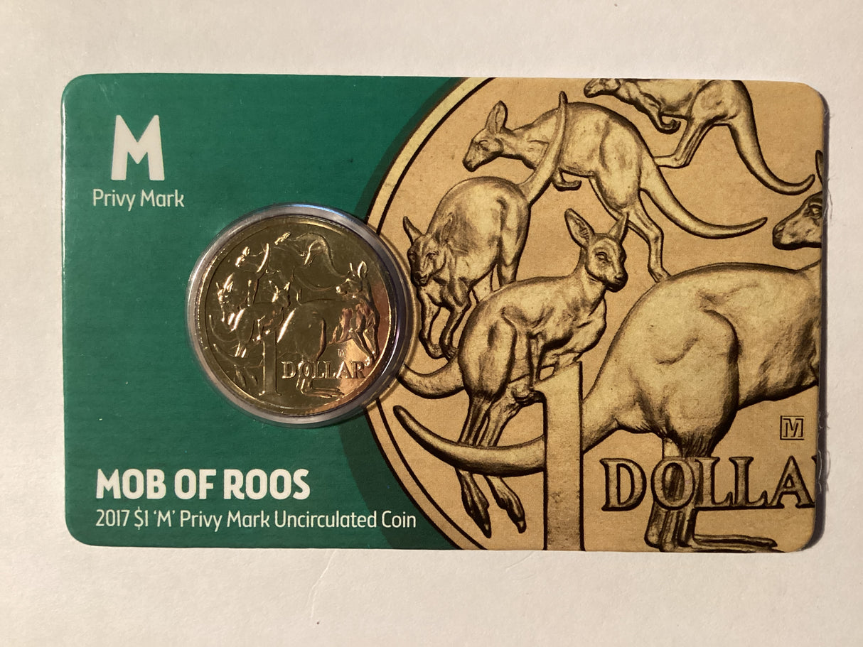 2017 $1 Mob of Roos Carded Coin. Anda Release. ‘M’ Mintmark