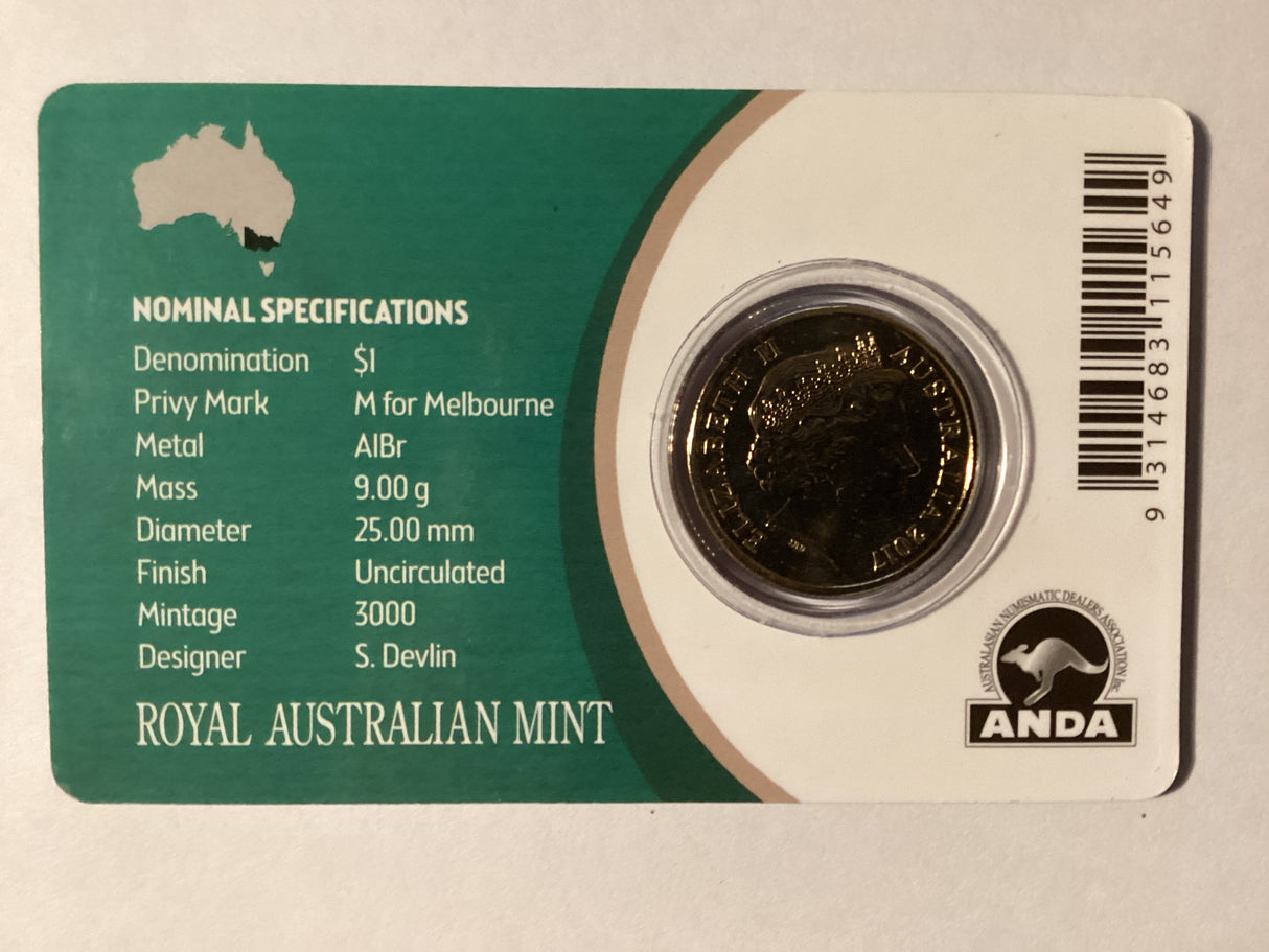 2017 $1 Mob of Roos Carded Coin. Anda Release. ‘M’ Mintmark