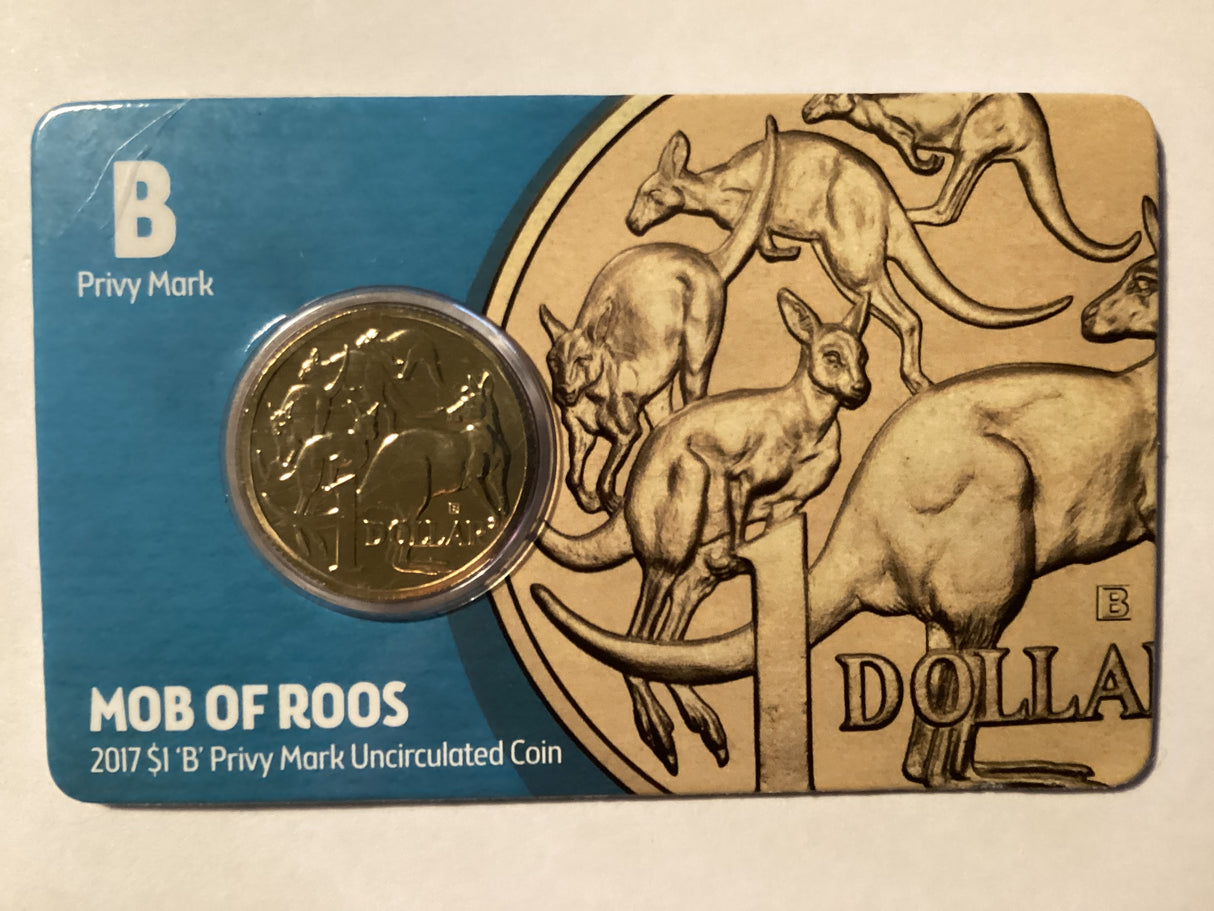 2017 $1 Mob of Roos Carded Coin. Anda Release. ‘B’ Mintmark