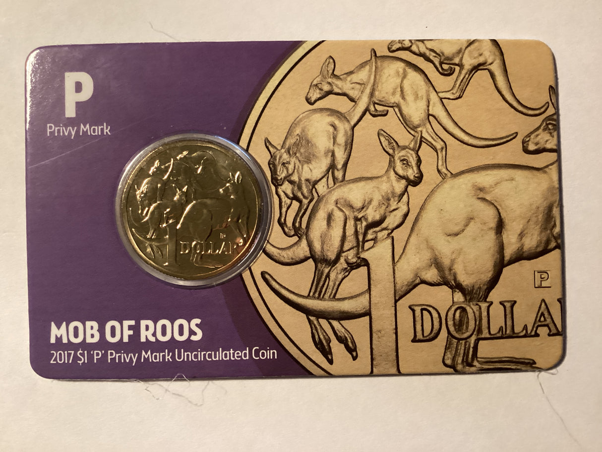 2017 $1 Mob of Roos Carded Coin. Anda Release. ‘P’ Mintmark