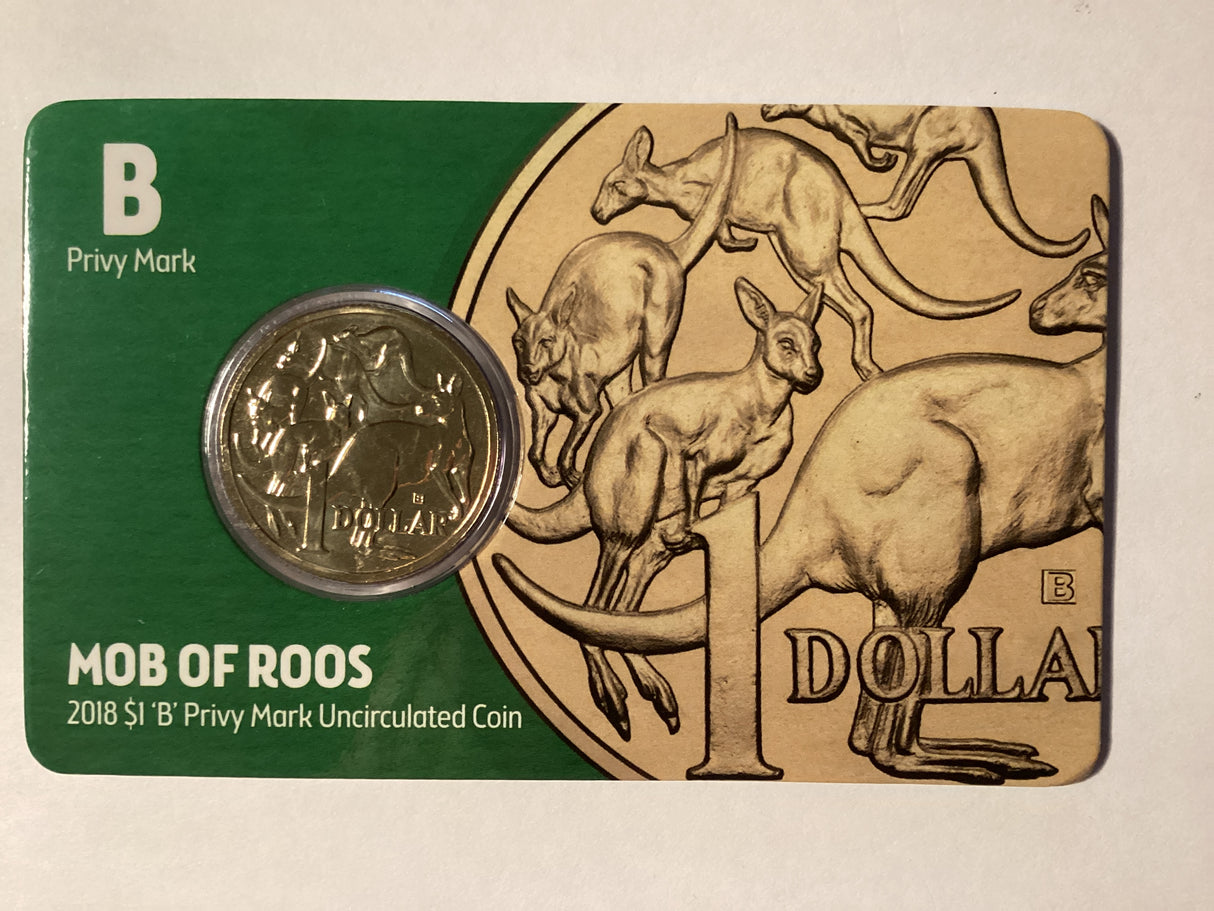 2018 $1 Mob of Roos Carded Coin. Anda Release. ‘B’ Mintmark