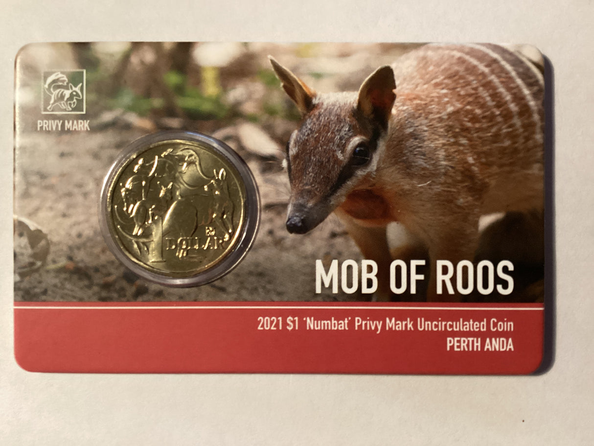 2021 $1 Mob of Roos Carded Coin. Anda Release. Numbat Privy Mark. Perth ANDA.