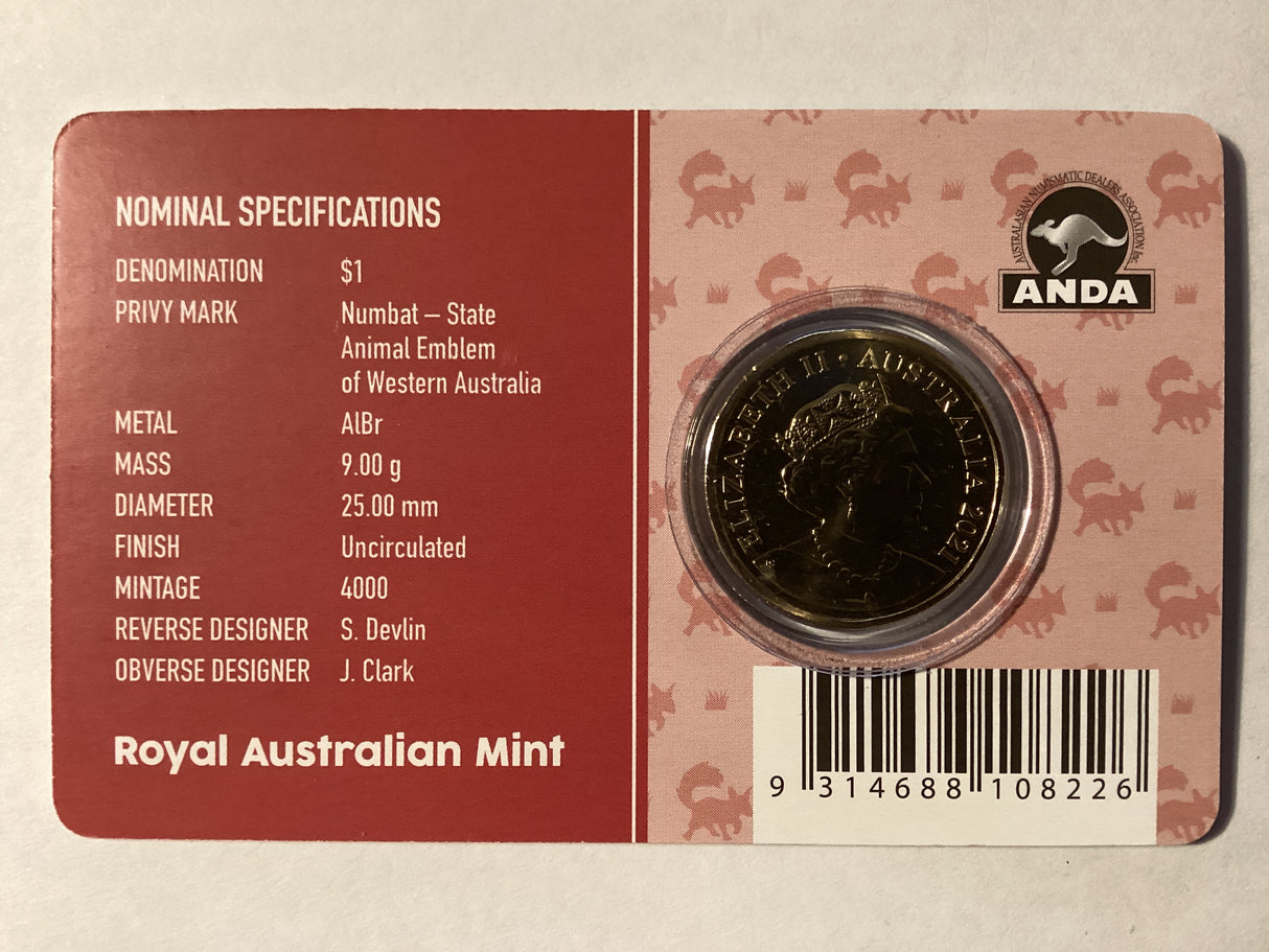 2021 $1 Mob of Roos Carded Coin. Anda Release. Numbat Privy Mark. Perth ANDA.