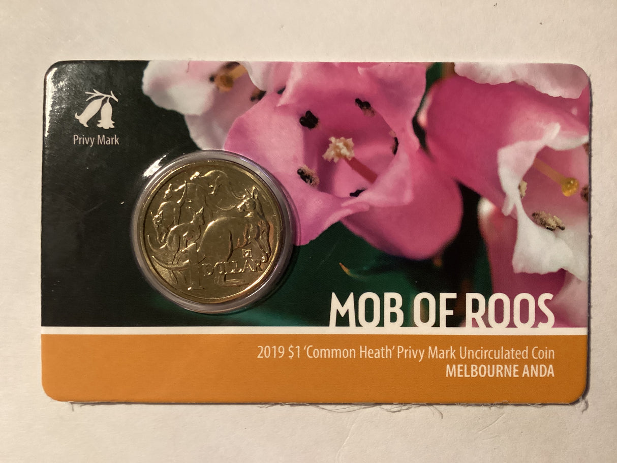 2019 $1 Mob of Roos Carded Coin. Anda Release. Common Heath. Melbourne ANDA.