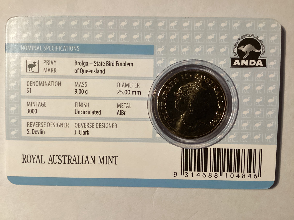 2020 $1 Mob of Roos Carded Coin. Anda Release. Brolga. Brisbane ANDA.