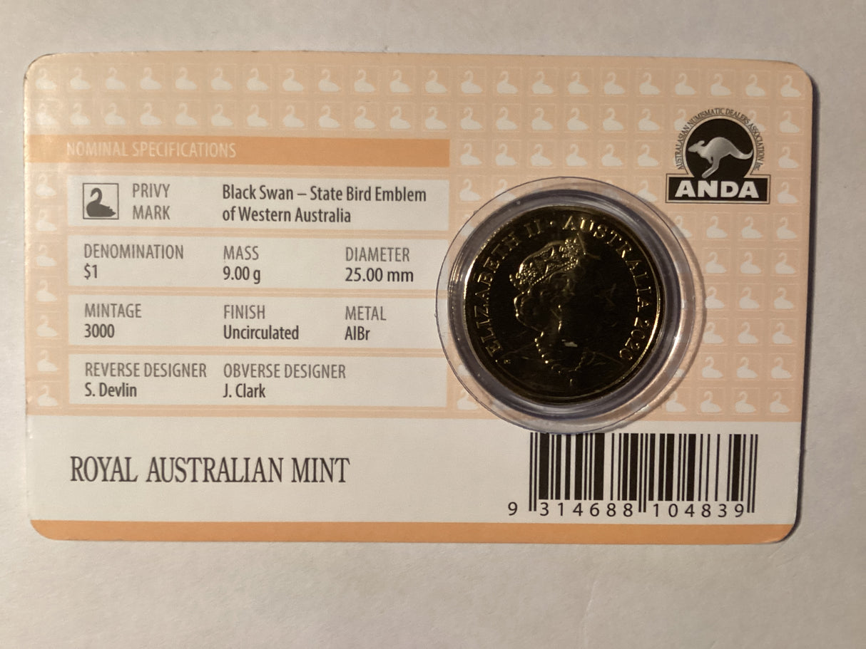 2020 $1 Mob of Roos Carded Coin. Anda Release. Black Swan. Perth ANDA.