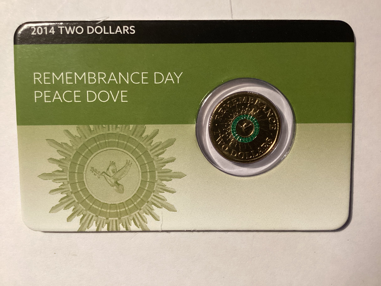2014 $2 Uncirculated Carded Coin. Downies. Remembrance Day. Green Dove.