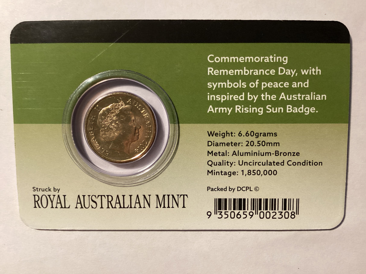 2014 $2 Uncirculated Carded Coin. Downies. Remembrance Day. Green Dove.