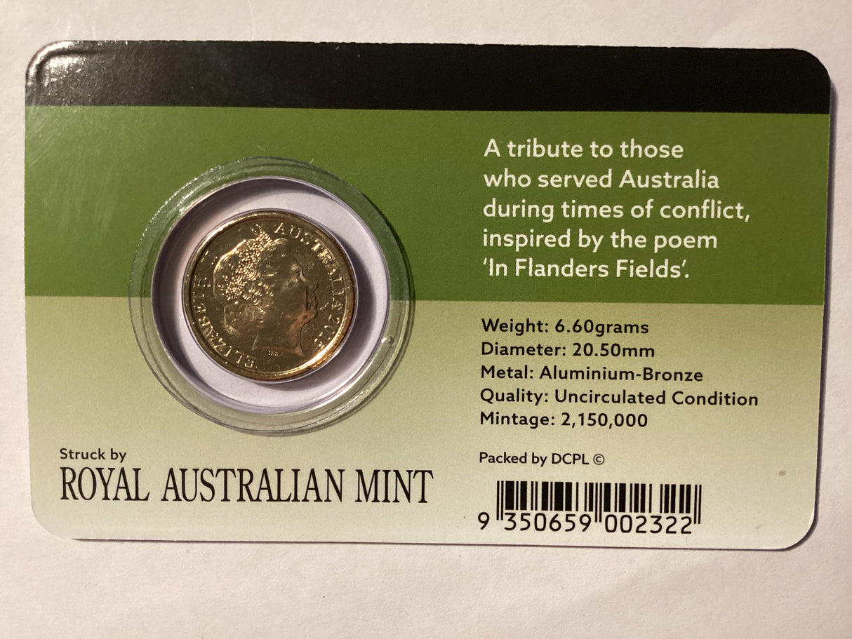 2015 $2 Uncirculated Carded Coin. Downies. Remembrance Day. Flanders Fields.