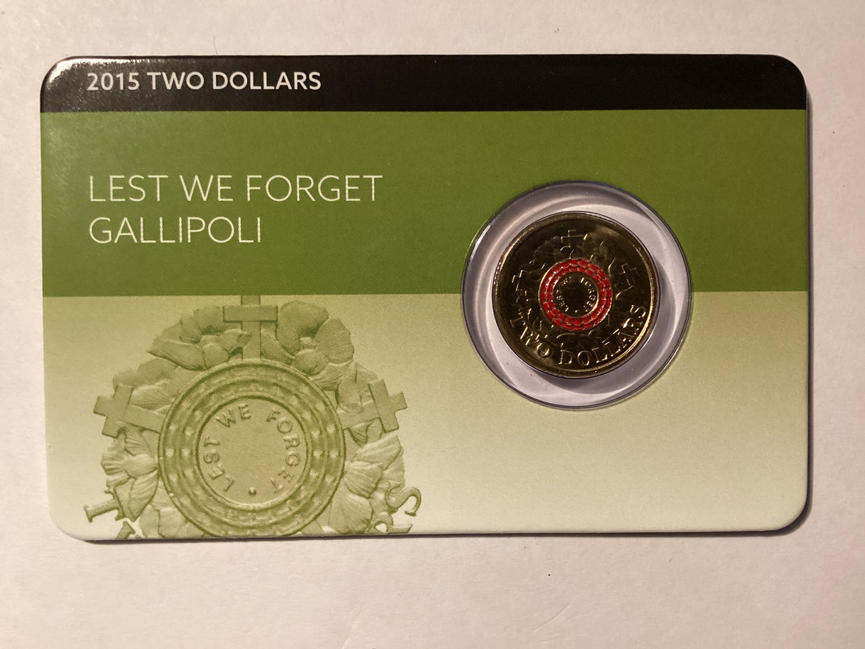 2015 $2 Uncirculated Carded Coin. Downies. Lest We Forget. Anzac Cove.
