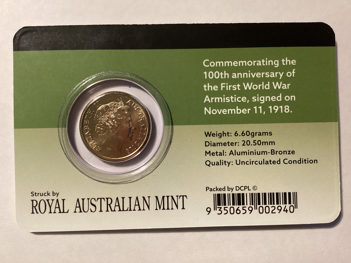 2018 $2 Uncirculated Carded Coin. Downies. Remembrance Day. Armistice