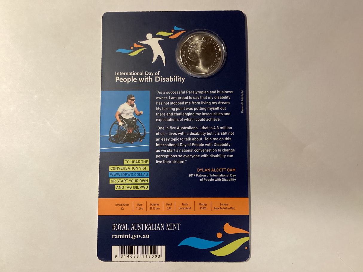 2017 20c Uncirculated Carded Coin. 25th Anniversary of International Day of People with Disabilities.