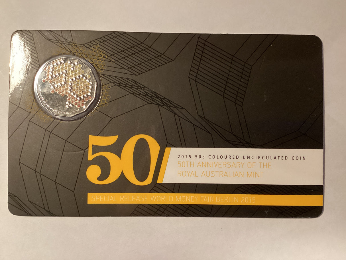 2015 50c Coloured Carded Uncirculated Coin. 50th Anniversary of the RAM. WMF Berlin Special Release.