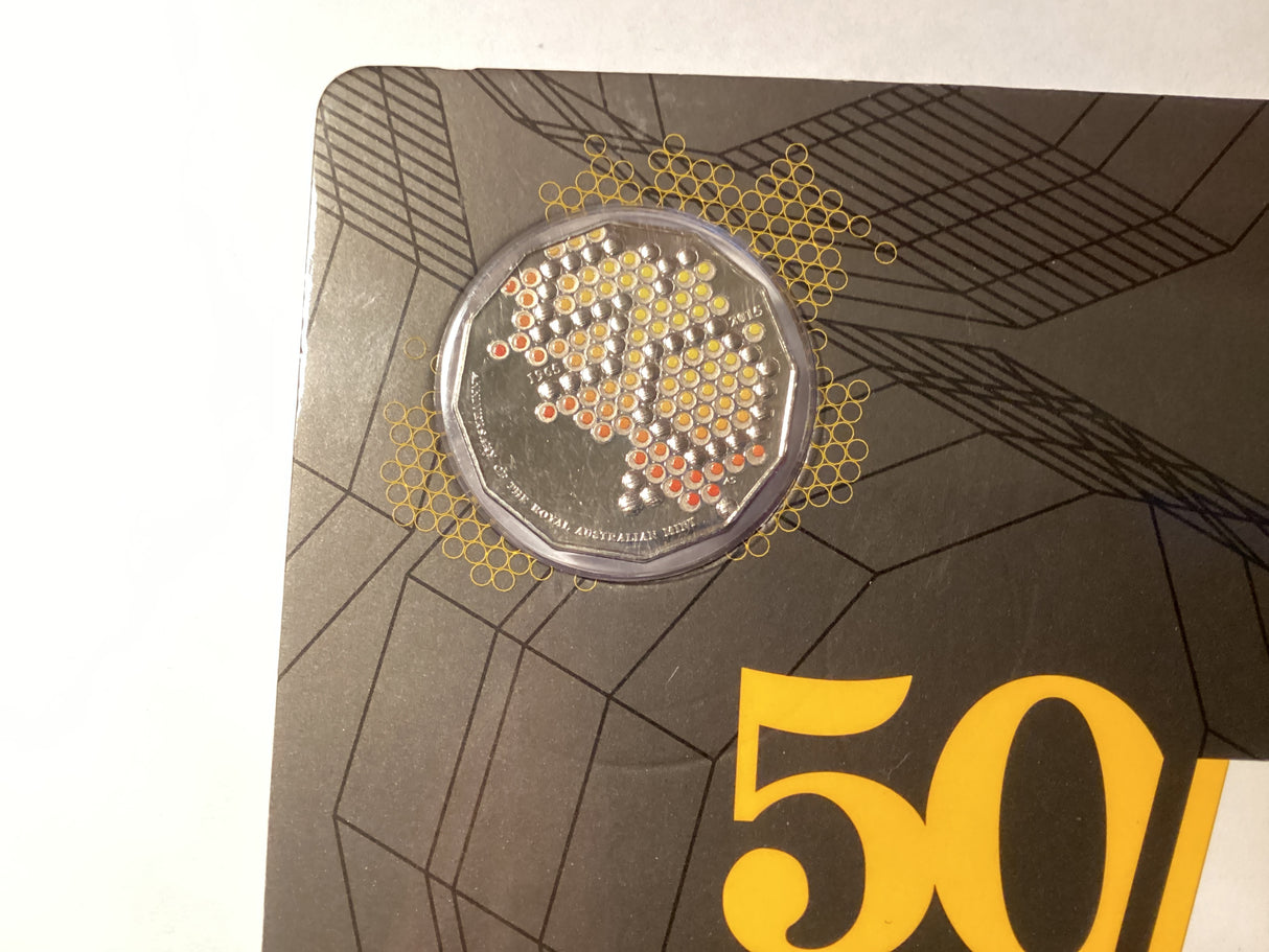 2015 50c Coloured Carded Uncirculated Coin. 50th Anniversary of the RAM. WMF Berlin Special Release.