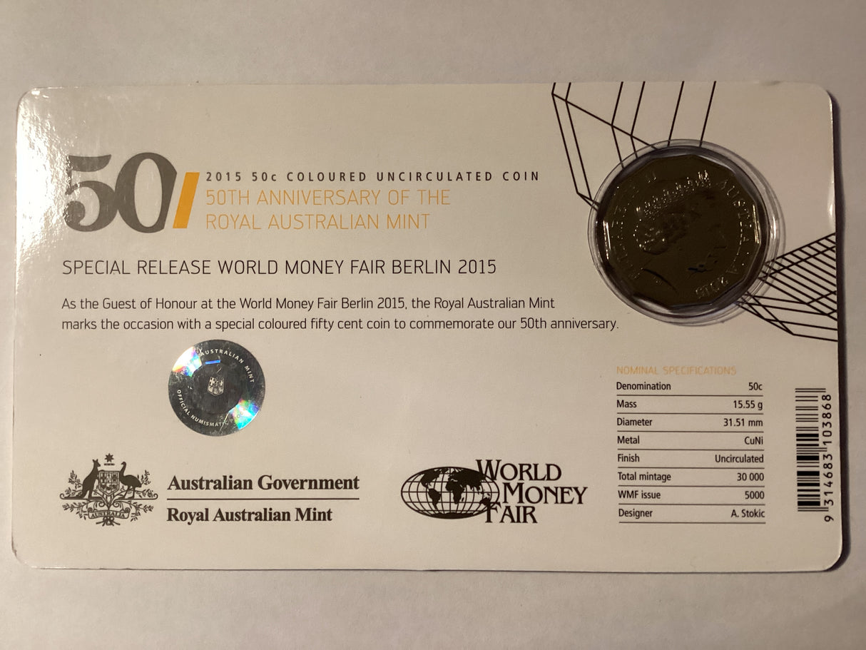 2015 50c Coloured Carded Uncirculated Coin. 50th Anniversary of the RAM. WMF Berlin Special Release.