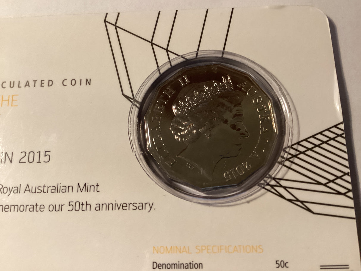 2015 50c Coloured Carded Uncirculated Coin. 50th Anniversary of the RAM. WMF Berlin Special Release.
