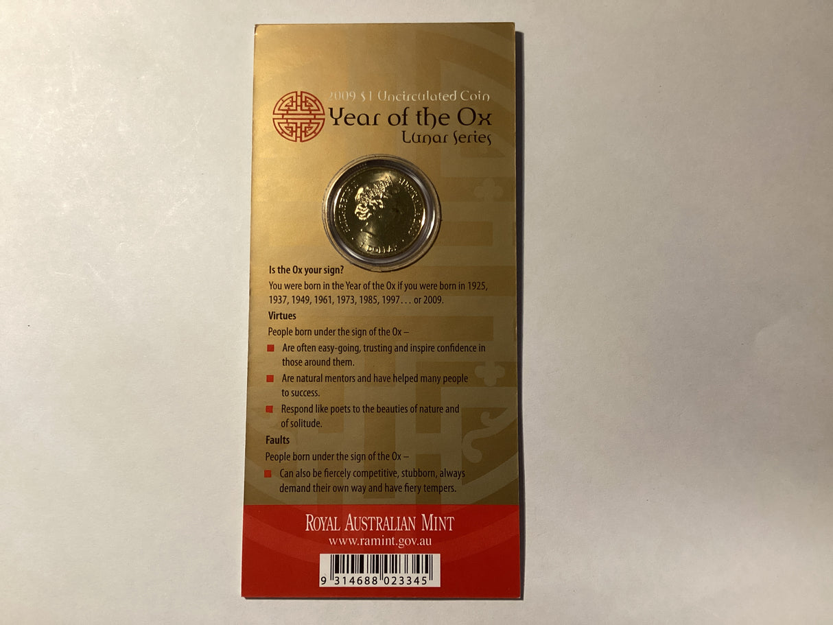 2009 $1 Uncirculated Coin. Lunar Series. Year of the Ox.