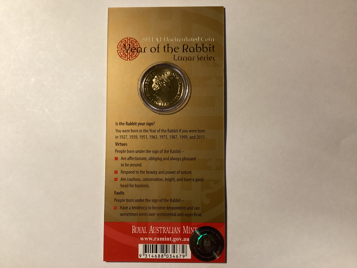 2011 $1 Uncirculated Coin. Lunar Series. Year of the Rabbit.