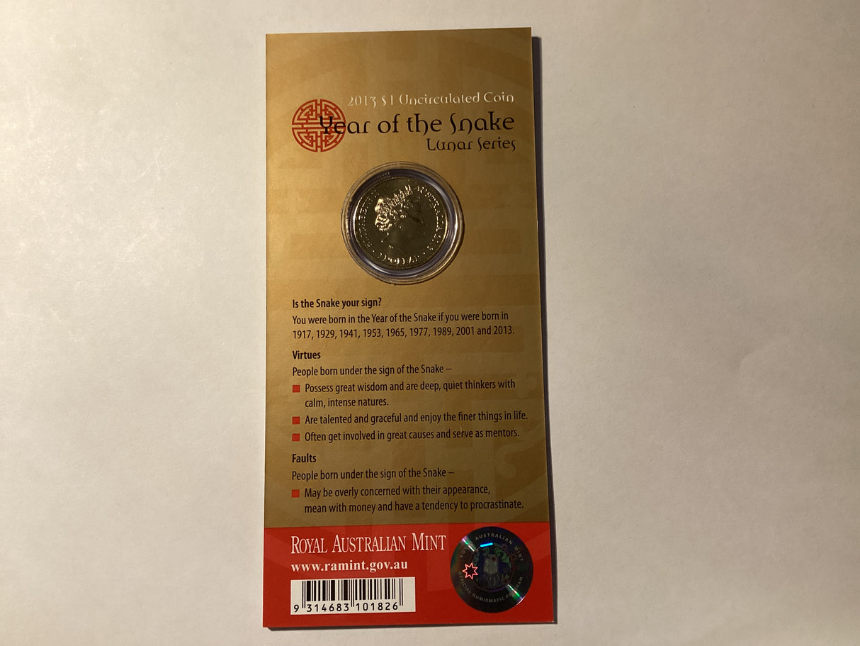 2013 $1 Uncirculated Coin. Lunar Series. Year of the Snake.
