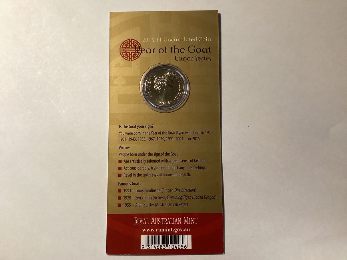 2015 $1 Uncirculated Coin. Lunar Series. Year of the Goat.