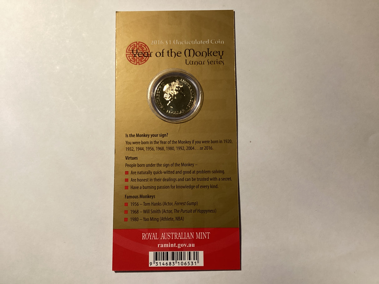2016 $1 Uncirculated Coin. Lunar Series. Year of the Monkey.