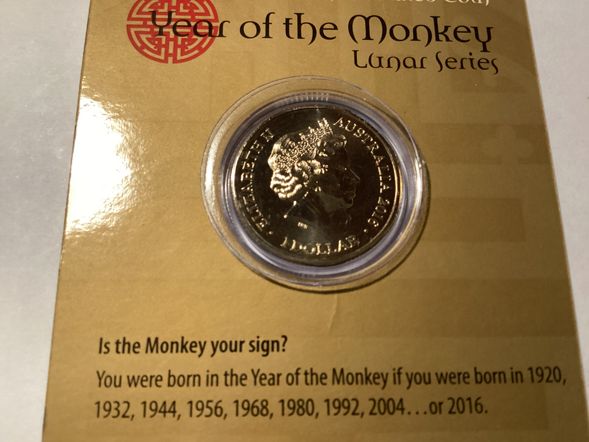 2016 $1 Uncirculated Coin. Lunar Series. Year of the Monkey.