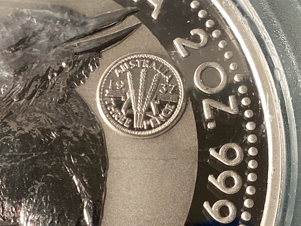 1997 $2 Kookaburra. 2oz Silver Coin. ‘Threepence’ Privy Mark.