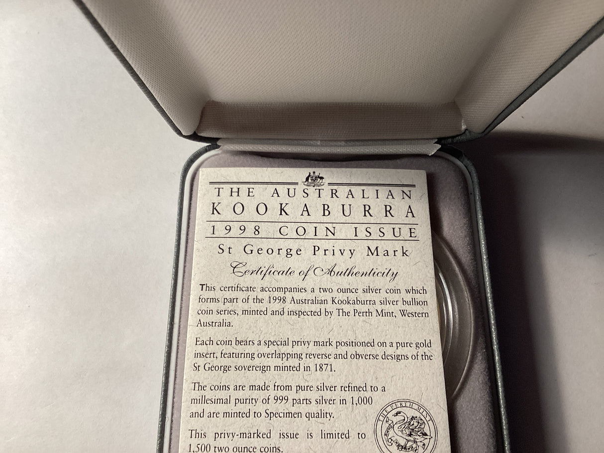 1998 $2 Kookaburra. 2oz Silver Coin. ‘St George Sovereign’ Privy Mark.