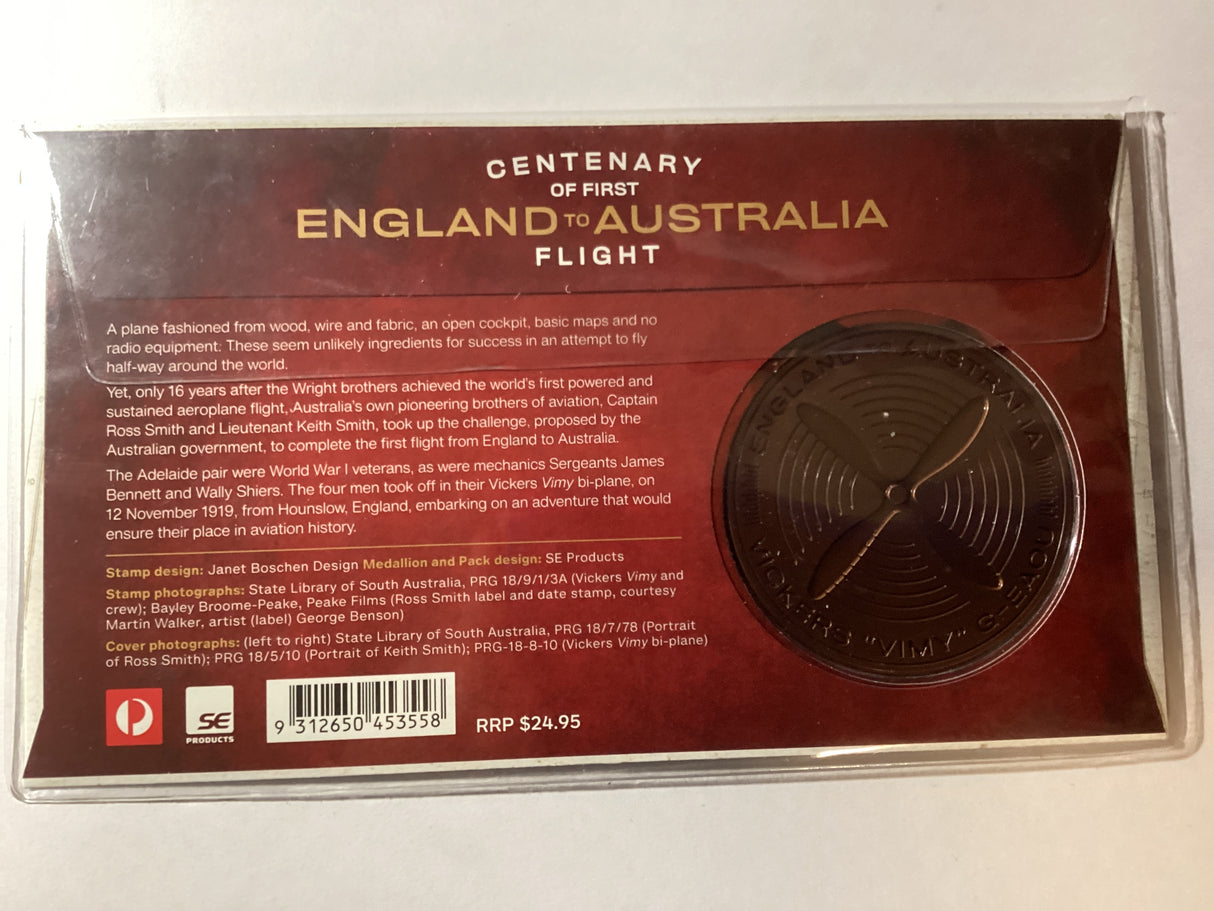 2019 Centenary of First England to Australia Flight Medallion PMC. 1919 Made.